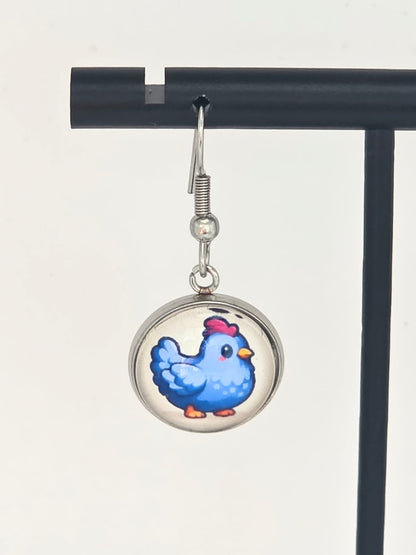 Stardew Valley Inspired Blue & White Chicken Dangle Fish Hook Earrings
