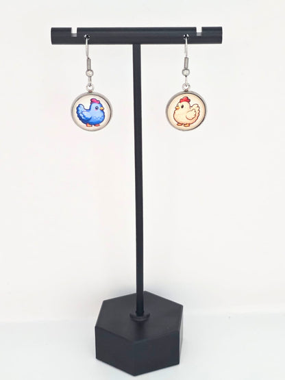 Stardew Valley Inspired Blue & White Chicken Dangle Fish Hook Earrings