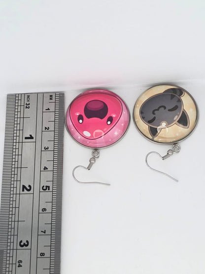 Slime Rancher Inspired Pink & Tabby Dangle Stainless Steel Fish Hook Earrings