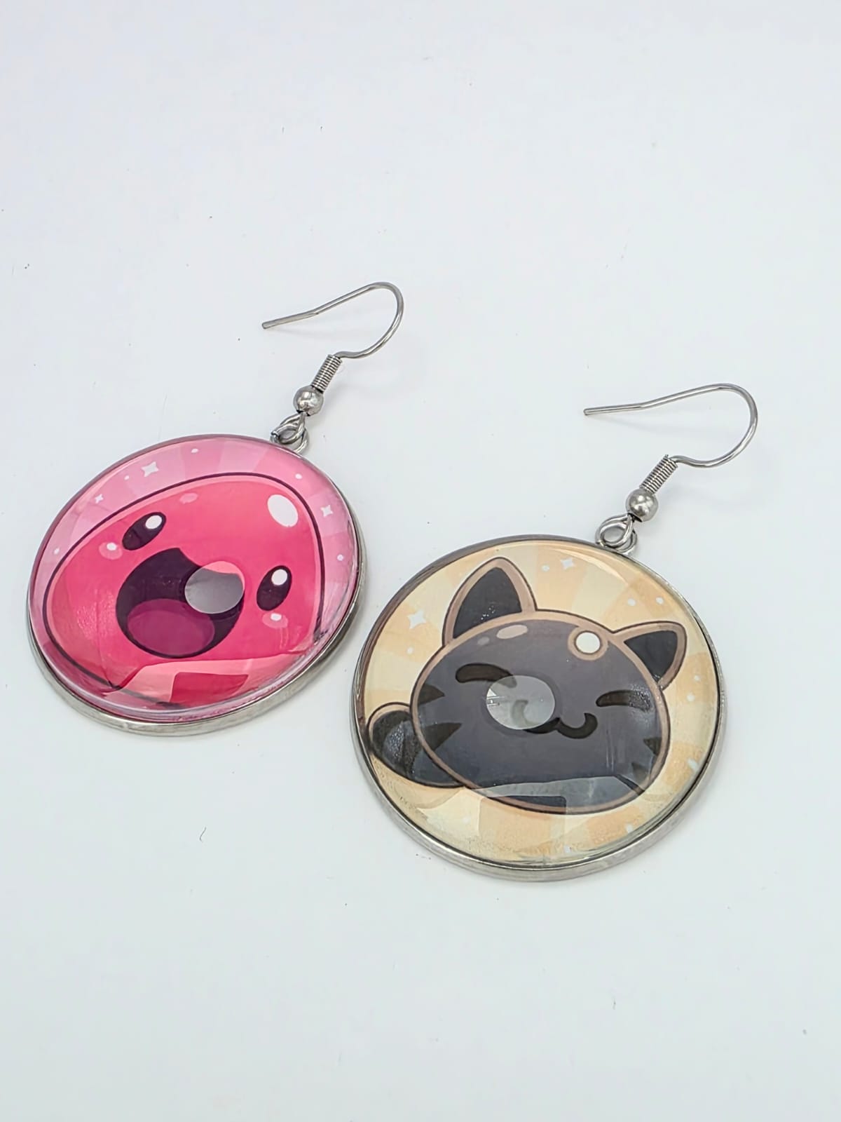 Slime Rancher Inspired Pink & Tabby Dangle Stainless Steel Fish Hook Earrings