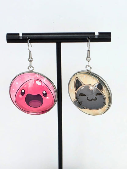 Slime Rancher Inspired Pink & Tabby Dangle Stainless Steel Fish Hook Earrings
