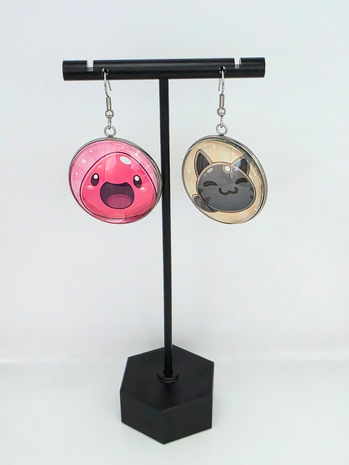 Slime Rancher Inspired Pink & Tabby Dangle Stainless Steel Fish Hook Earrings