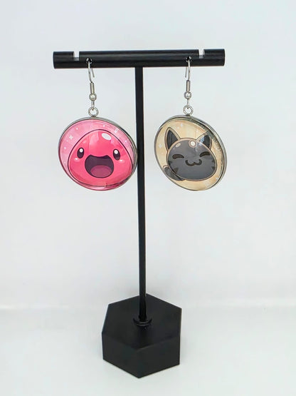Slime Rancher Inspired Pink & Tabby Dangle Stainless Steel Fish Hook Earrings