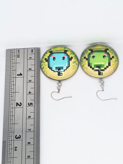 Stardew Valley Inspired Green & Blue Junimo Dangle Stainless Steel Earrings