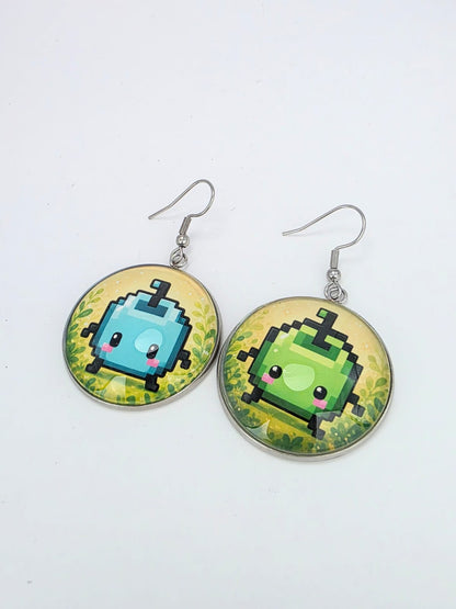 Stardew Valley Inspired Green & Blue Junimo Dangle Stainless Steel Earrings
