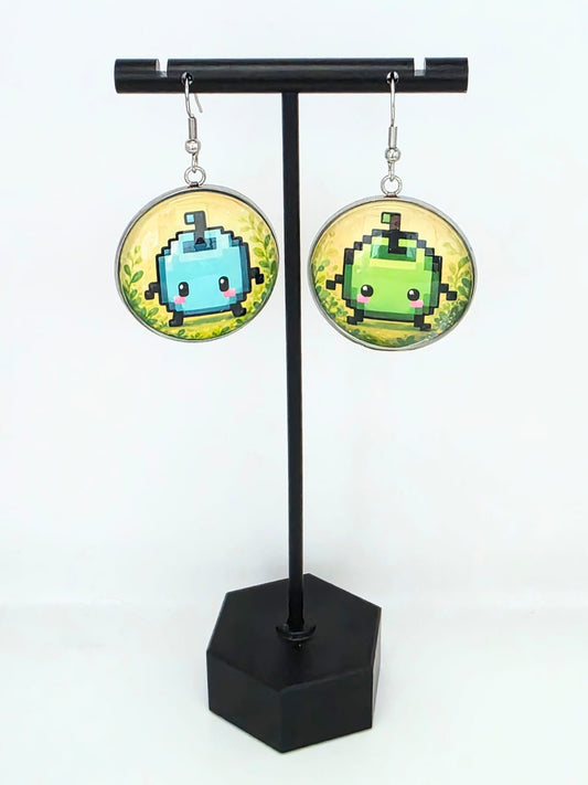 Stardew Valley Inspired Green & Blue Junimo Dangle Stainless Steel Earrings