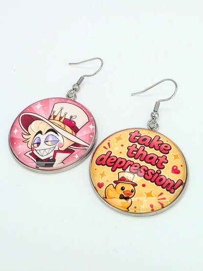 Hazbin Hotel Inspired Lucifer & Take That Depression Dangle Fish Hook Earrings