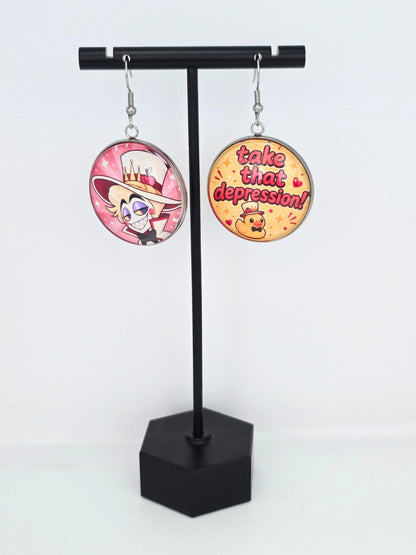 Hazbin Hotel Inspired Lucifer & Take That Depression Dangle Fish Hook Earrings