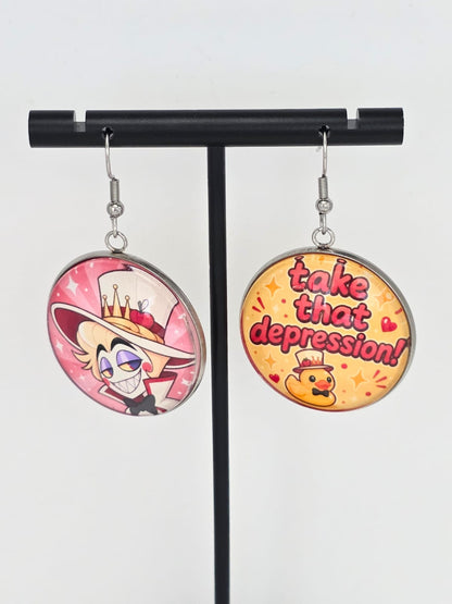 Hazbin Hotel Inspired Lucifer & Take That Depression Dangle Fish Hook Earrings