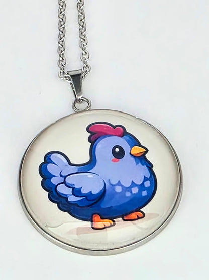 Stardew Valley Inspired Blue Chicken 30 mm Pendant Stainless Steel Necklace