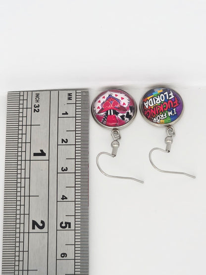 Hazbin Hotel Inspired Valentino & "I'm From Fucking Florida" Dangle Stainless Steel Earrings