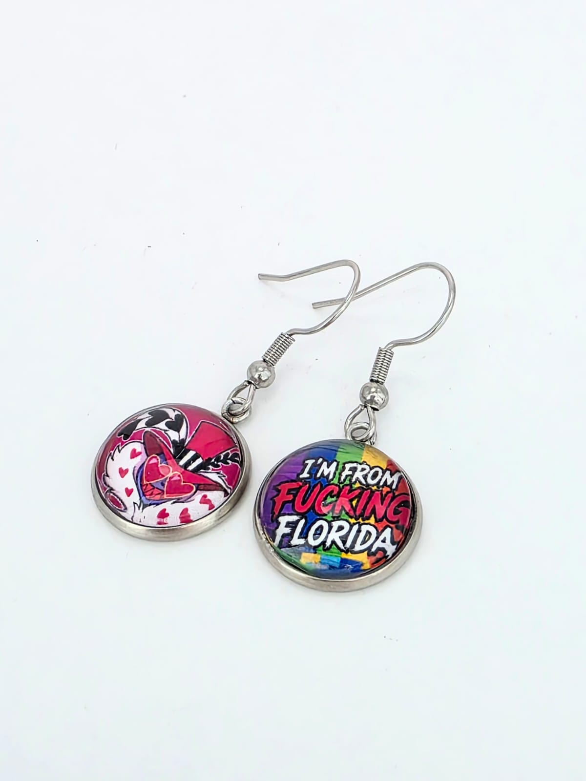 Hazbin Hotel Inspired Valentino & "I'm From Fucking Florida" Dangle Stainless Steel Earrings