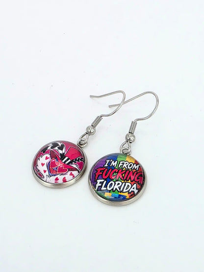 Hazbin Hotel Inspired Valentino & "I'm From Fucking Florida" Dangle Stainless Steel Earrings