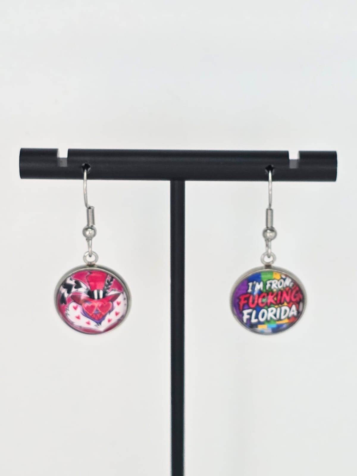 Hazbin Hotel Inspired Valentino & "I'm From Fucking Florida" Dangle Stainless Steel Earrings