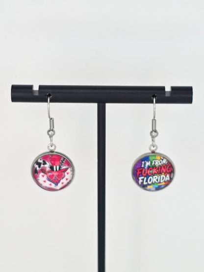 Hazbin Hotel Inspired Valentino & "I'm From Fucking Florida" Dangle Stainless Steel Earrings