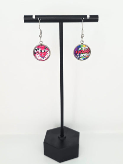 Hazbin Hotel Inspired Valentino & "I'm From Fucking Florida" Dangle Stainless Steel Earrings