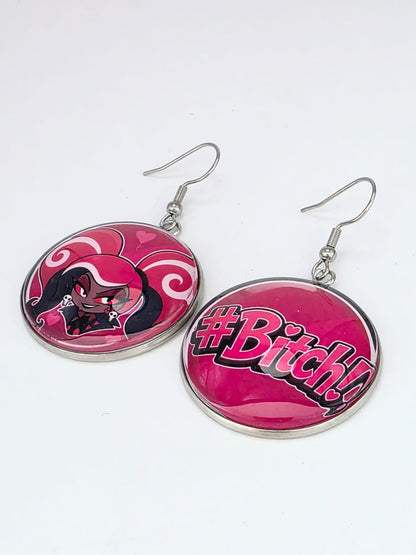 Hazbin Hotel Inspired Velvette & "#Bitch" Dangle Stainless Steel Earrings