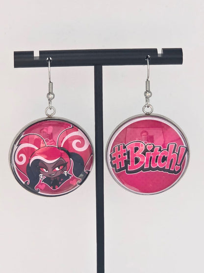 Hazbin Hotel Inspired Velvette & "#Bitch" Dangle Stainless Steel Earrings