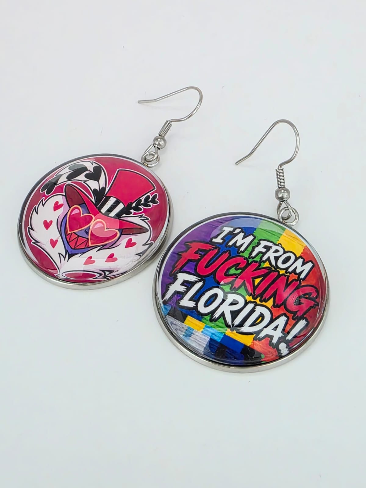 Hazbin Hotel Inspired Valentino & "I'm From Fucking Florida" Dangle Stainless Steel Earrings