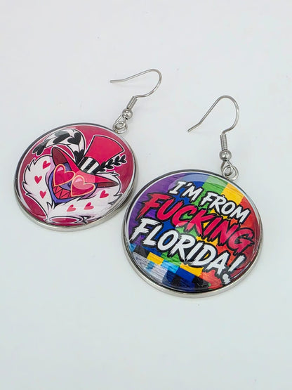 Hazbin Hotel Inspired Valentino & "I'm From Fucking Florida" Dangle Stainless Steel Earrings