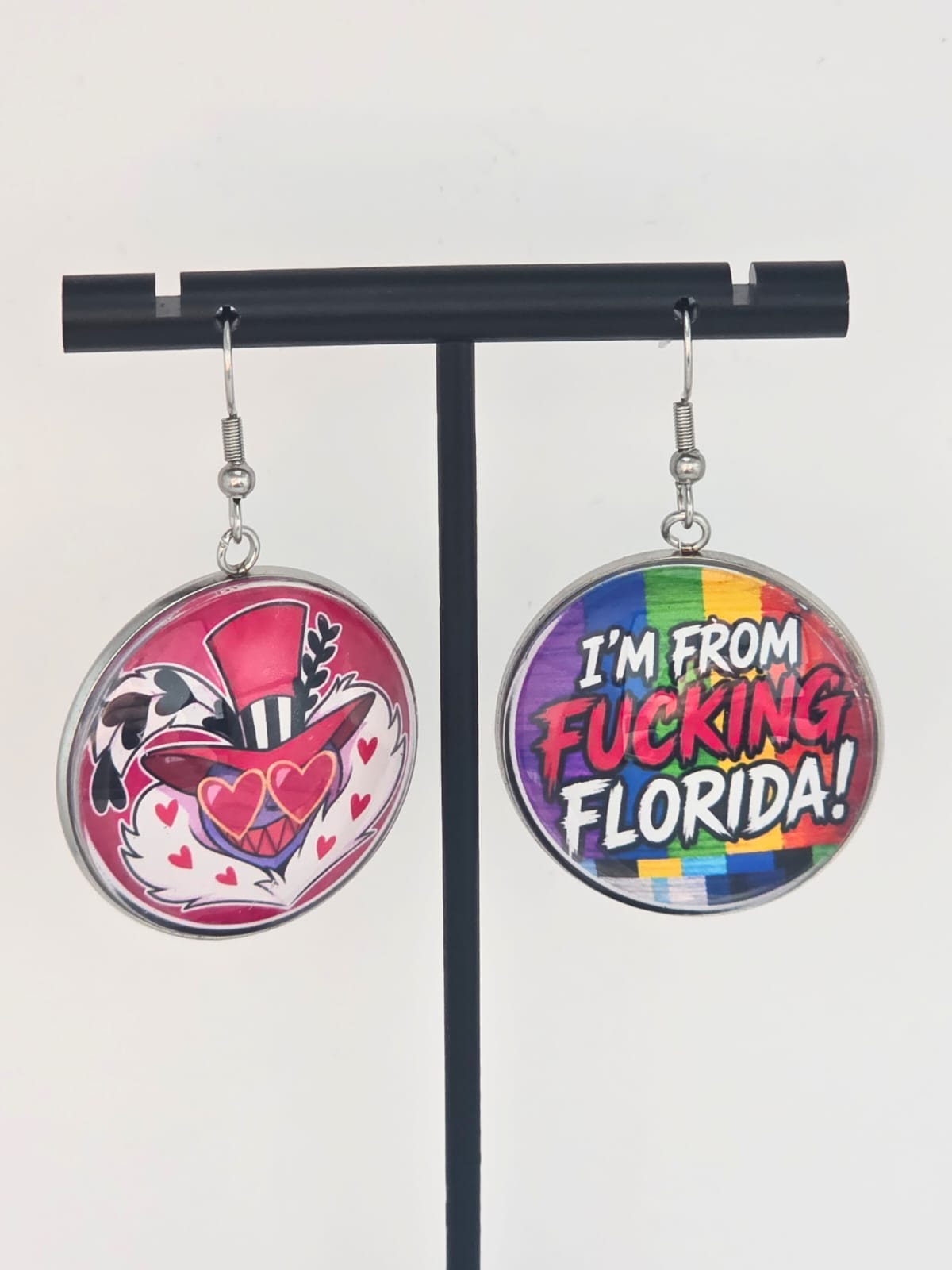 Hazbin Hotel Inspired Valentino & "I'm From Fucking Florida" Dangle Stainless Steel Earrings