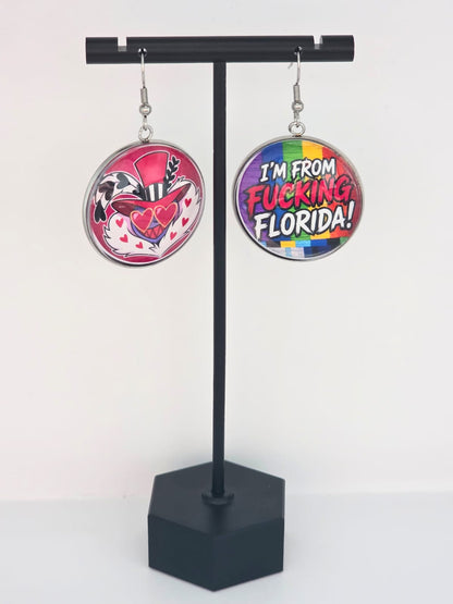 Hazbin Hotel Inspired Valentino & "I'm From Fucking Florida" Dangle Stainless Steel Earrings