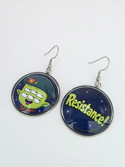Final Space Inspired Tribore & "Resistance!" Dangle Stainless Steel Earrings