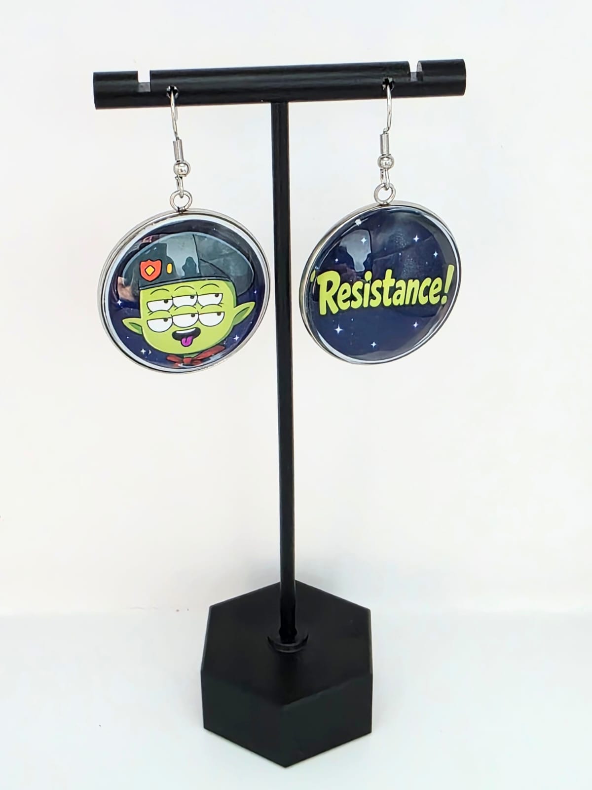 Final Space Inspired Tribore & "Resistance!" Dangle Stainless Steel Earrings