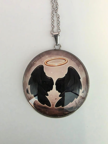 Good Omens Inspired Halo Demon Wings 30mm Pendant Stainless Steel 20 Inch Necklace