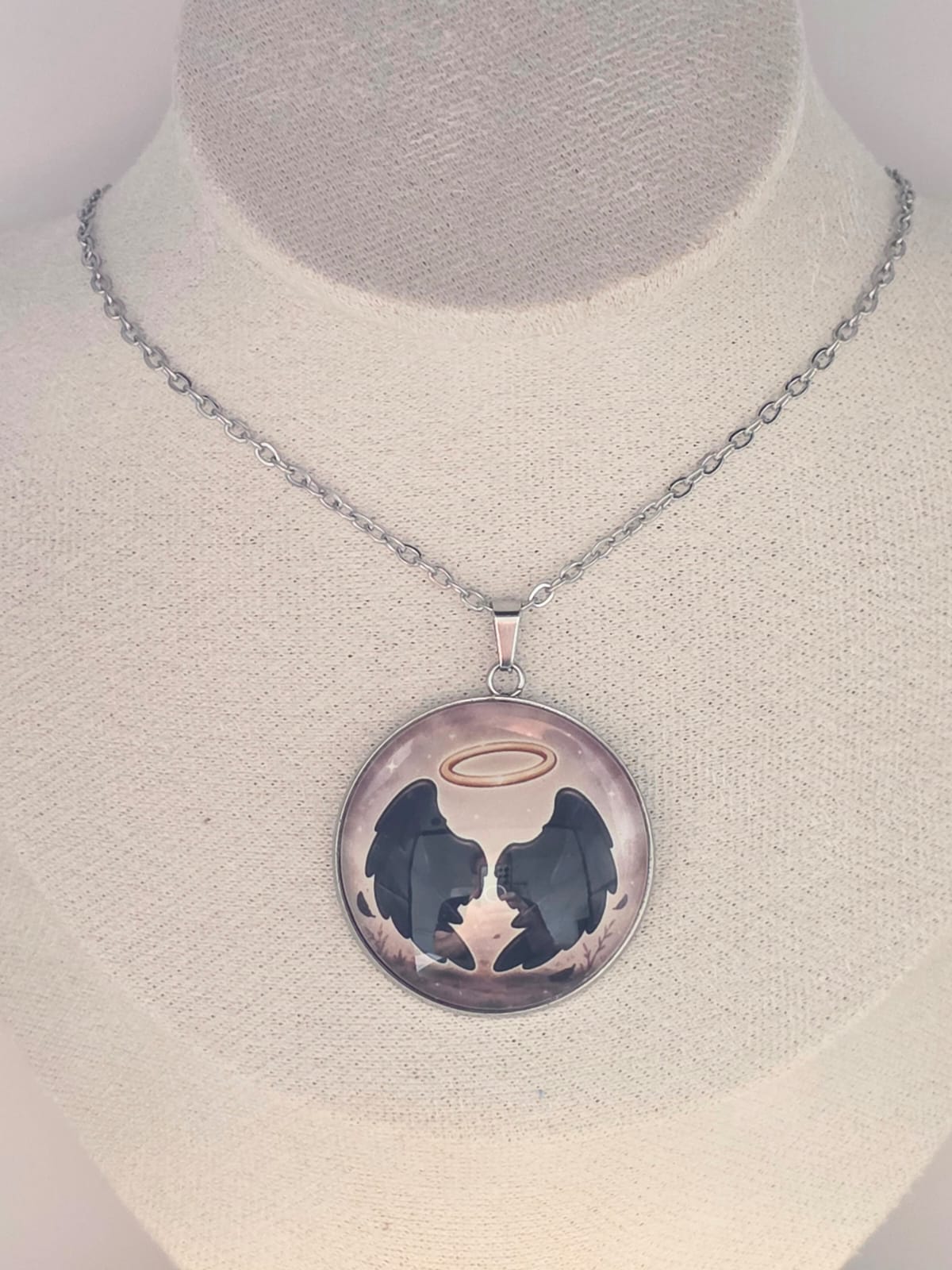Good Omens Inspired Halo Demon Wings 30mm Pendant Stainless Steel 20 Inch Necklace
