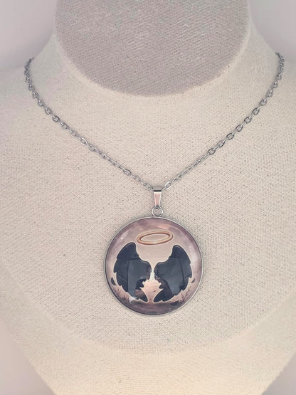 Good Omens Inspired Halo Demon Wings 30mm Pendant Stainless Steel 20 Inch Necklace