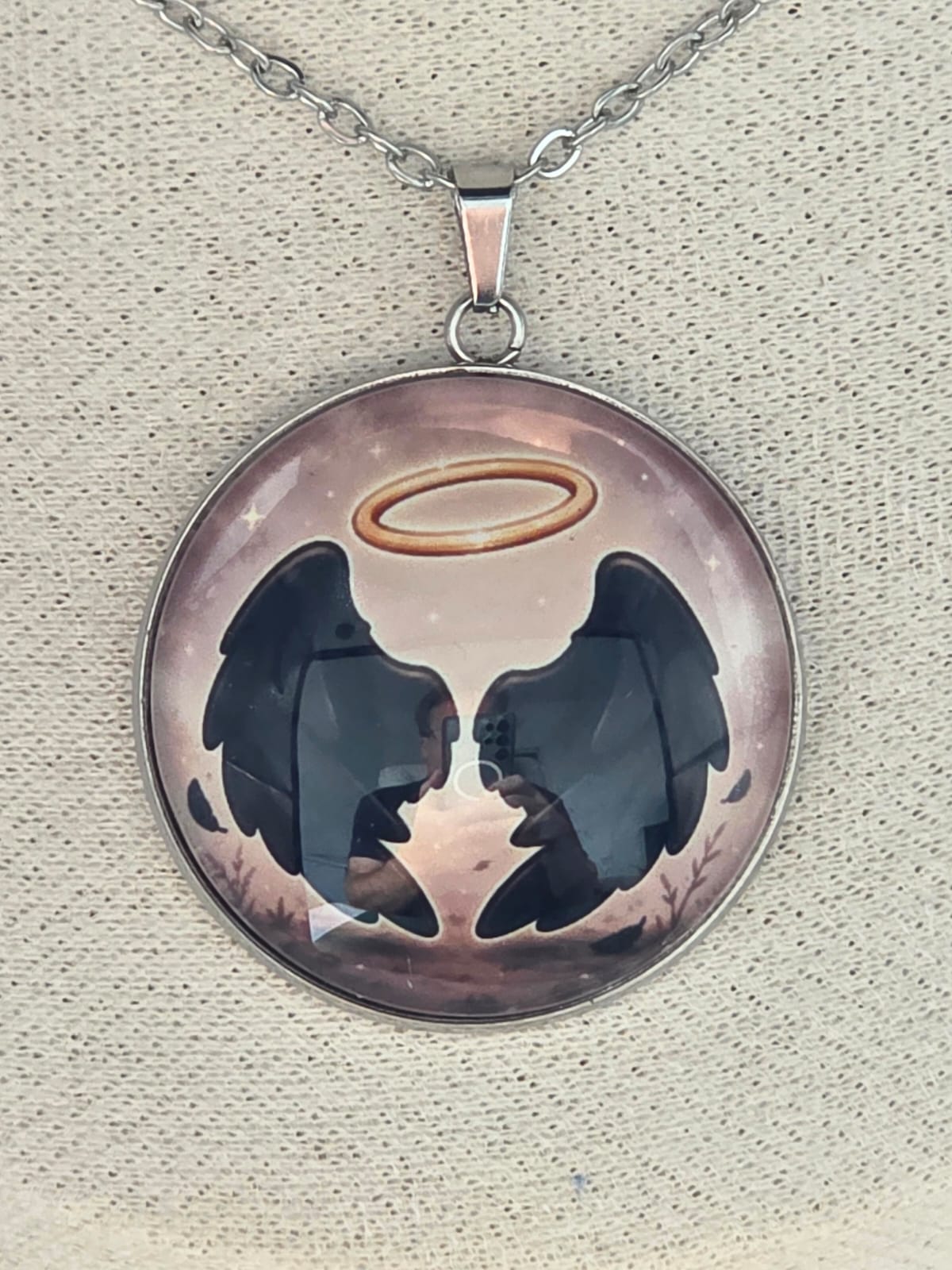 Good Omens Inspired Halo Demon Wings 30mm Pendant Stainless Steel 20 Inch Necklace