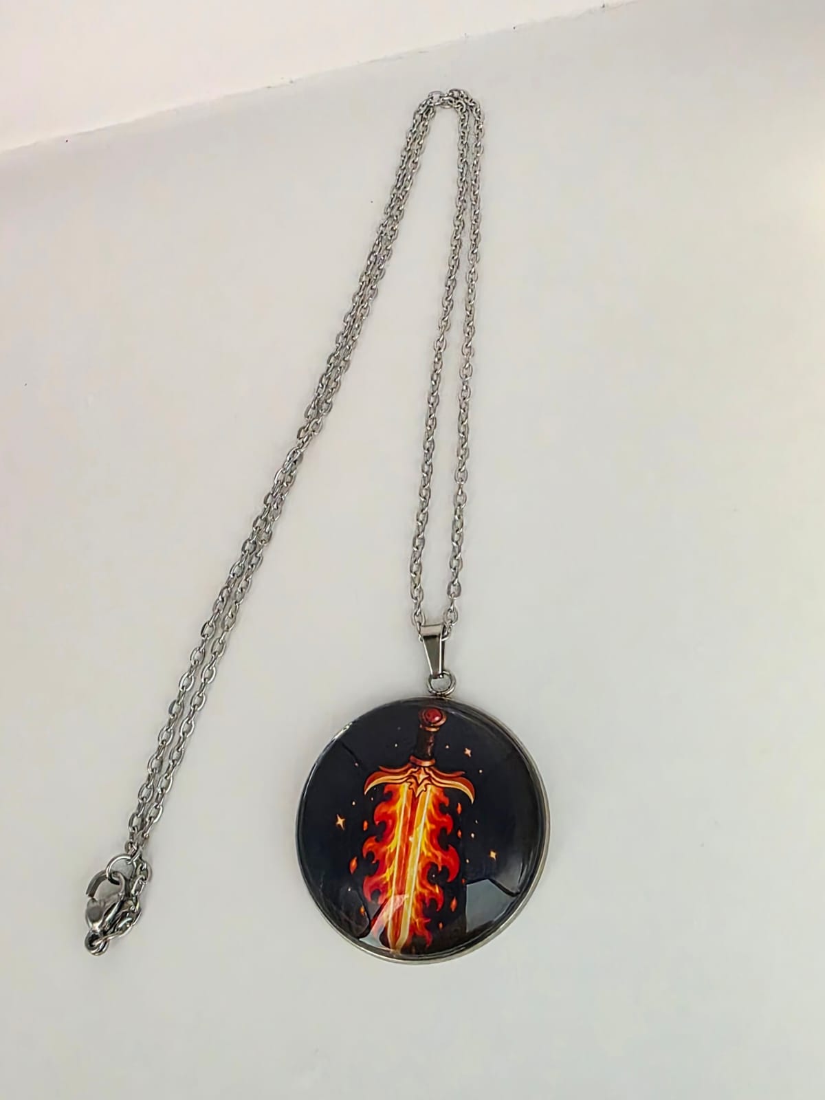Good Omens Inspired Flaming Sword 30mm Pendant Stainless Steel 20 Inch Necklace