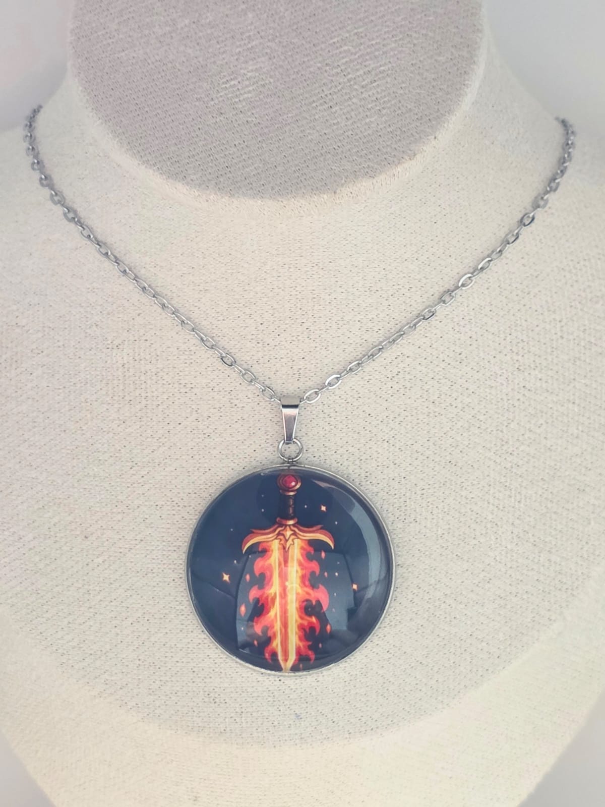 Good Omens Inspired Flaming Sword 30mm Pendant Stainless Steel 20 Inch Necklace