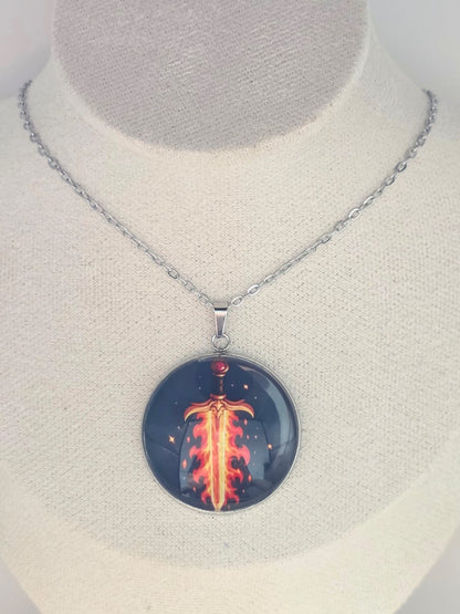 Good Omens Inspired Flaming Sword 30mm Pendant Stainless Steel 20 Inch Necklace