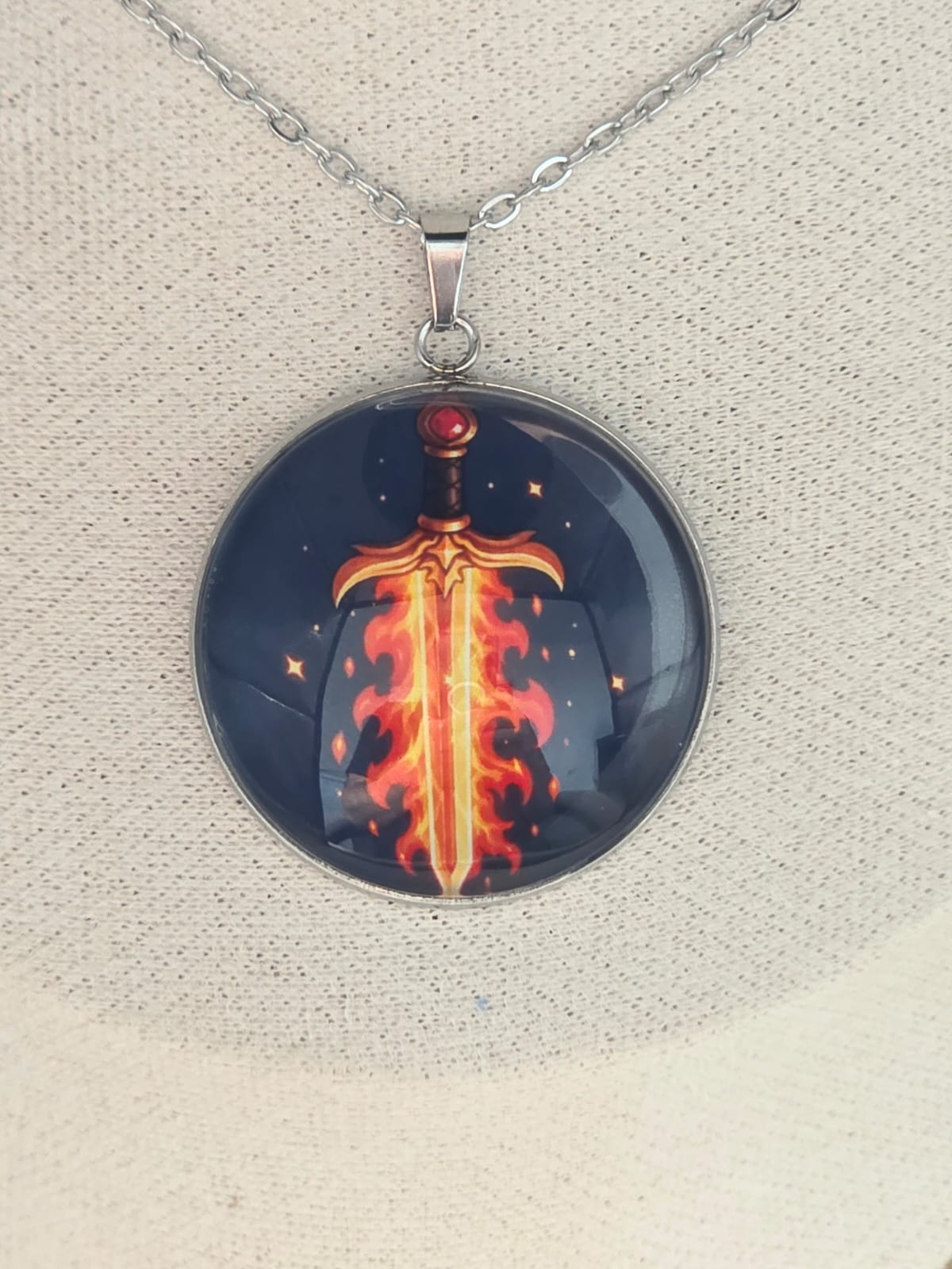 Good Omens Inspired Flaming Sword 30mm Pendant Stainless Steel 20 Inch Necklace