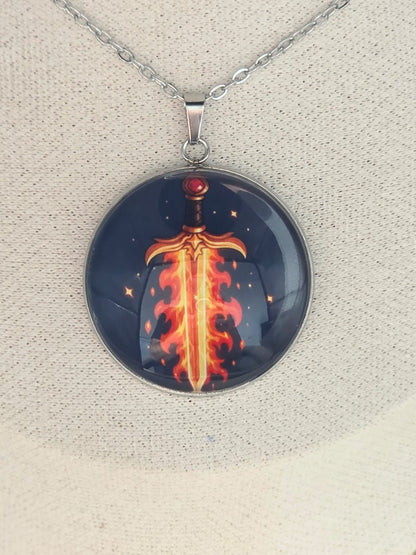 Good Omens Inspired Flaming Sword 30mm Pendant Stainless Steel 20 Inch Necklace