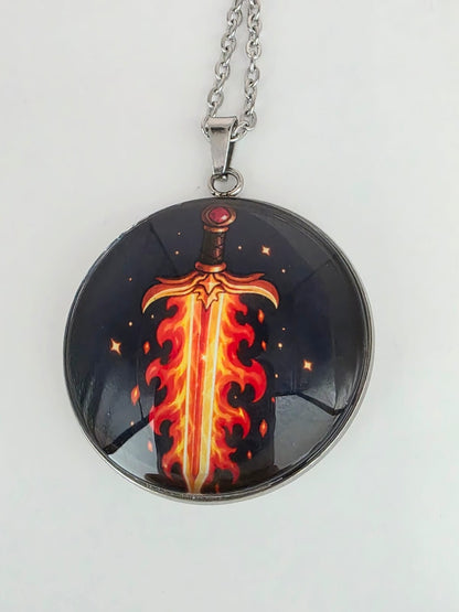 Good Omens Inspired Flaming Sword 30mm Pendant Stainless Steel 20 Inch Necklace