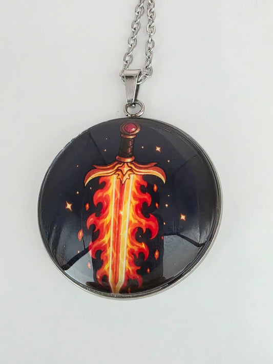 Good Omens Inspired Flaming Sword 30mm Pendant Stainless Steel 20 Inch Necklace
