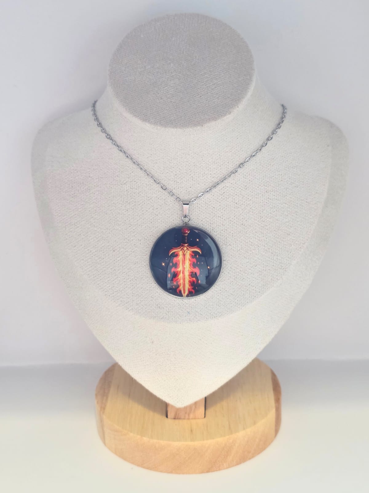 Good Omens Inspired Flaming Sword 30mm Pendant Stainless Steel 20 Inch Necklace