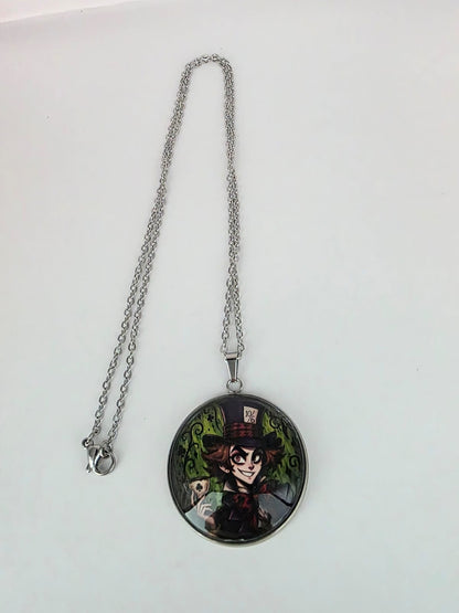 Alice in Wonderland Inspired Mad Hatter 30mm Pendant Stainless Steel 20 Inch Necklace