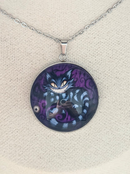 Alice in Wonderland Inspired Cheshire Cat 30mm Pendant Stainless Steel 20 Inch Necklace