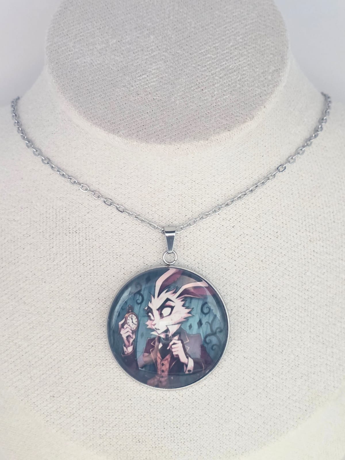 Alice in Wonderland Inspired White Rabbit 30mm Pendant Stainless Steel 20 Inch Necklace