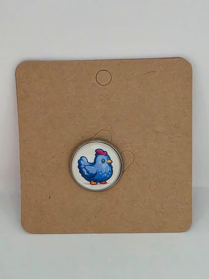 Stardew Valley Inspired Blue Chicken 20mm Stainless Steel Glass Cabochon Pin