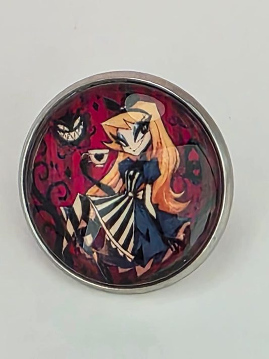 Alice in Wonderland Inspired Hellverse Alice 20mm Stainless Steel Glass Cabochon Pin