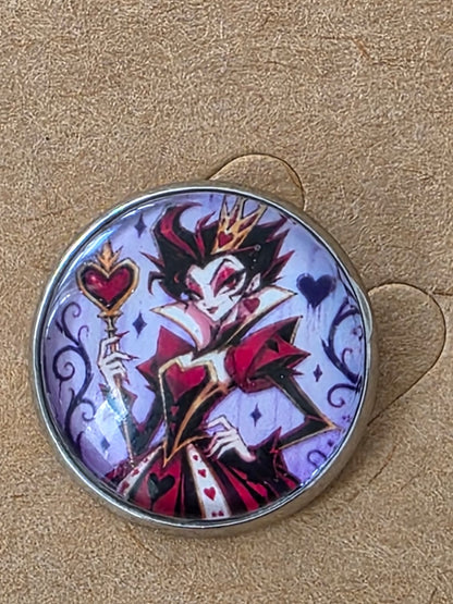 Alice in Wonderland Inspired Hellverse Queen of Hearts 20mm Stainless Steel Glass Cabochon Pin