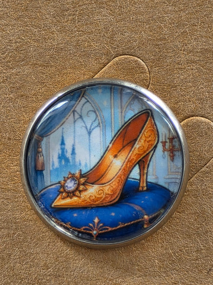 Cinderella Inspired Hellverse Golden Slipper 20mm Stainless Steel Glass Cabochon Pin