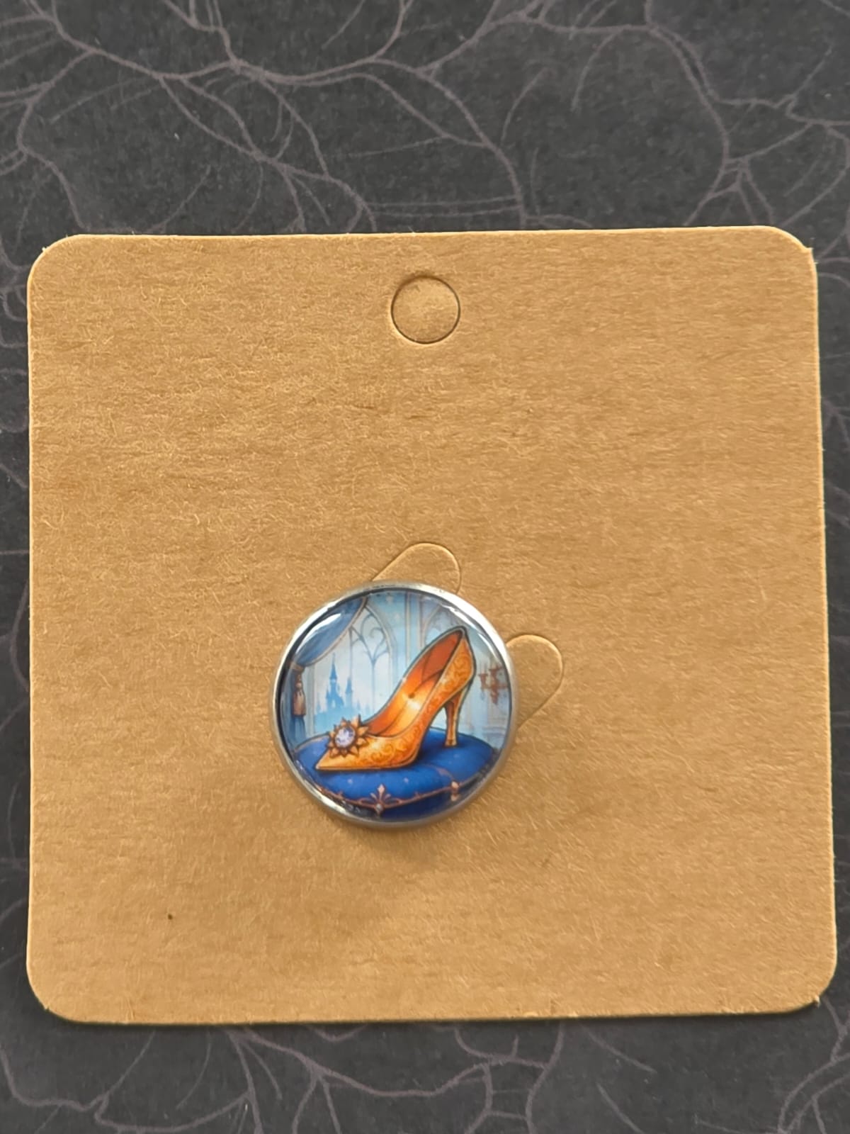 Cinderella Inspired Hellverse Golden Slipper 20mm Stainless Steel Glass Cabochon Pin