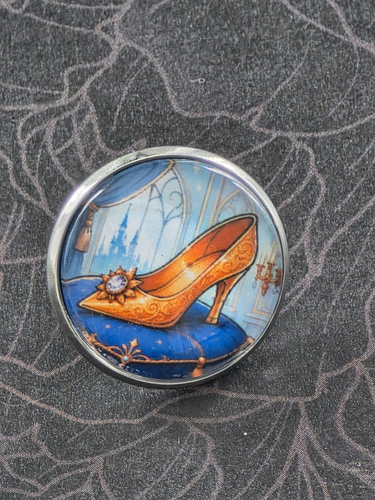 Cinderella Inspired Hellverse Golden Slipper 20mm Stainless Steel Glass Cabochon Pin