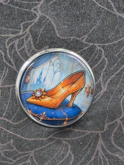 Cinderella Inspired Hellverse Golden Slipper 20mm Stainless Steel Glass Cabochon Pin